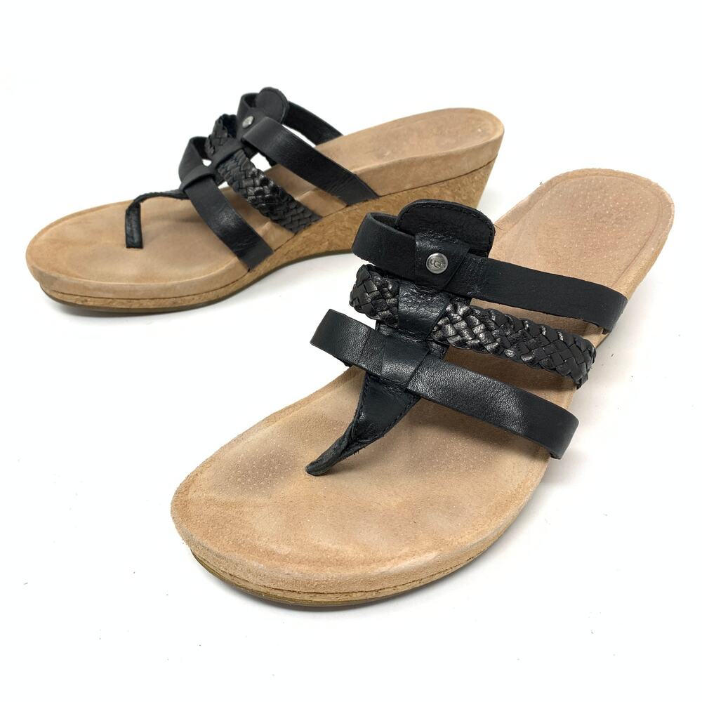 UGG Women's Size 6 Leather Maddie Sandal Thong Wedge Heel Black